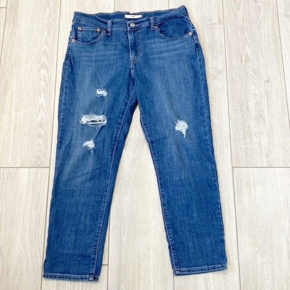 Levis Boyfriend Jeans Distressed Cropped Medium Wash Blue Denim Stretch Size 30 - Picture 2 of 11